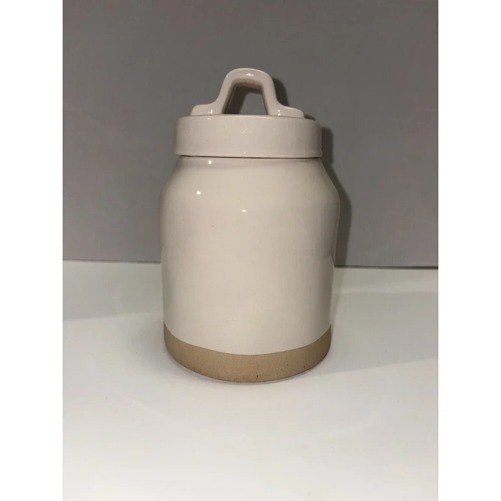 Rae Dunn 2021 Small Canister Tea Large Letters Sand Colored Bottom